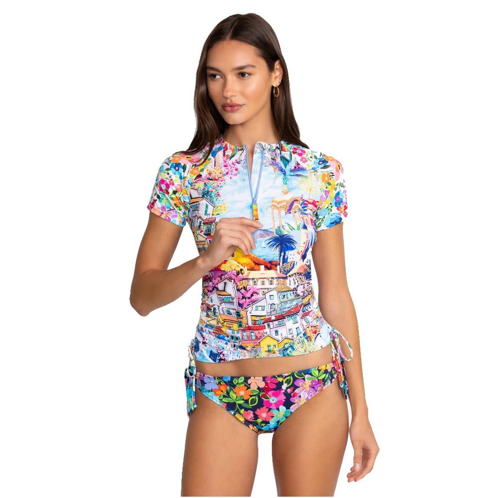 Johnny Was Cannes Drawstring Surf Shirt Short Swim Rash Guard Blue Top Medium NW